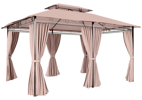 Outsunny 4m x 3(m) Metal Gazebo Canopy Party Tent Garden Pavillion Patio Shelter Pavilion with Curtains Sidewalls Brown