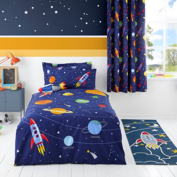 Space Glow in the Dark Duvet Cover and Pillowcase Set Navy (Blue)