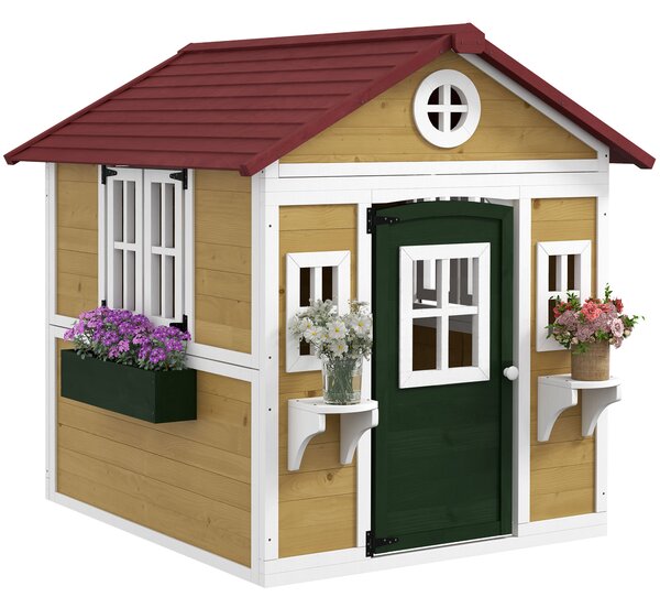 Outsunny Wooden Playhouse with Doors, Windows, Plant Pots, Boxes, for 3-8 Years - Beige