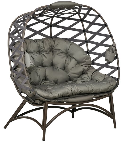 Outsunny 2 Seater Egg Chair Outdoor, Folding Weave Garden Furniture Chair with Cushion, Cup Pockets - Sand Brown