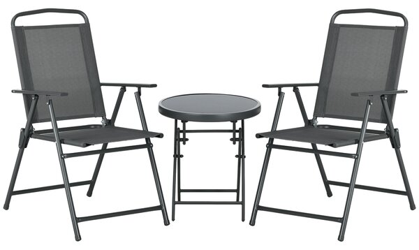 Outsunny 3 Pcs Garden Table and Chairs, Outdoor Bistro Set, Patio Conversation Furniture Set w/ Foldable Armchairs & Glass Top Coffee Table, Dark Grey