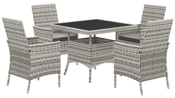 Outsunny Rattan Garden Furniture Set, Outdoor Dining Table and Chairs 4 Seater with Cushions, Square Tempered Glass Top, 4 Armchairs, for Balcony, Terrace, Conservatory, Mixed-Grey