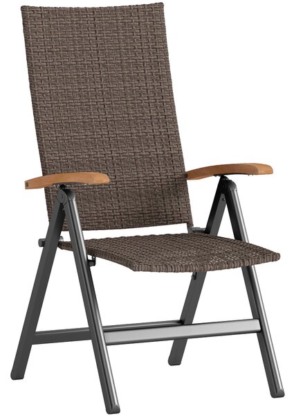Outsunny Outdoor Folding Rattan Chair with Armrests, High Backrest, for Garden, Camping, Balcony, Porch - Brown