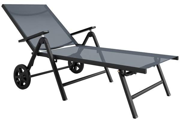 Outsunny Folding Sun Lounger with Wheels, 5-Position Adjustable Garden Chaise Lounge Sunbed with Armrests, Metal Frame Outdoor Portable Reclining Chair for Beach, Porch, Grey