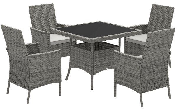 Outsunny Rattan Garden Furniture Set, Outdoor Dining Table and Chairs 4 Seater with Cushions, Square Tempered Glass Top, 4 Armchairs, for Balcony, Terrace, Conservatory, Grey