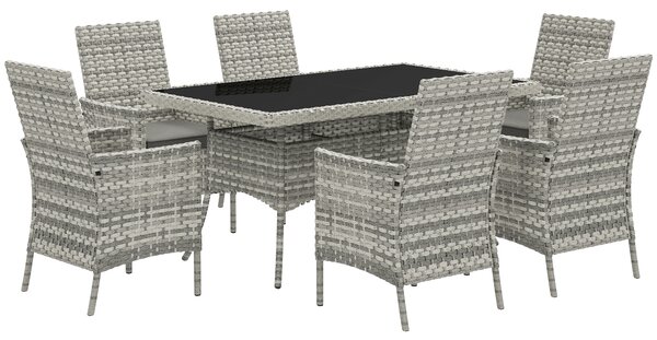 Outsunny Rattan Garden Furniture Set, 6 Seater Outdoor Dining Table and Chairs with Cushions, 150 x 90cm Rectangular Tempered Glass Table, 6 Armchairs, for Terrace, Conservatory, Balcony, Mixed-Grey