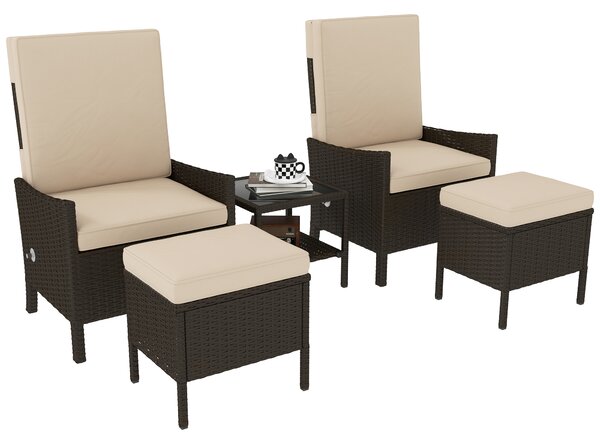 Outsunny 5 Piece Rattan Garden Furniture Set, Wicker Outdoor Furniture with 2 Armchairs, 2 Footstools and Glass Top Coffee Table with Shelf, Cushions for Patio Balcony, Khaki