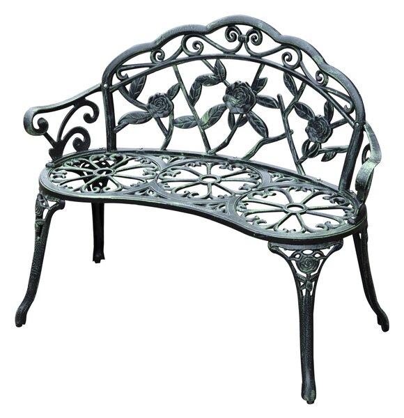 Outsunny Cast Aluminium Outdoor Garden Patio Antique Rose Style Bench Porch Park Chair Seater - Green Aosom UK