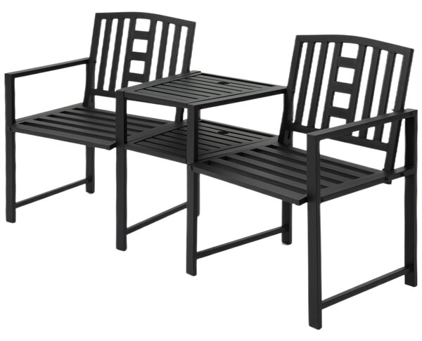 Outsunny Patio Tete-a-tete Chair 2 Seat Bench Middle Coffee Table w/ Umbrella Hole for Outdoors Decorative Slatted Design Steel Frame Black