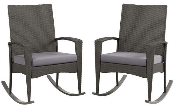Outsunny Outdoor PE Rattan Rocking Chair Set of 2, Garden Rocking Chair Set with Armrest and Cushion, Grey