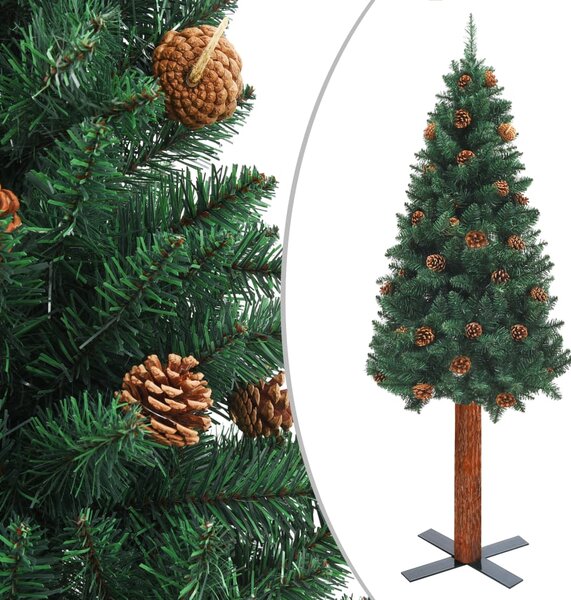 Slim Christmas Tree with Real Wood and Cones Green 180 cm PVC