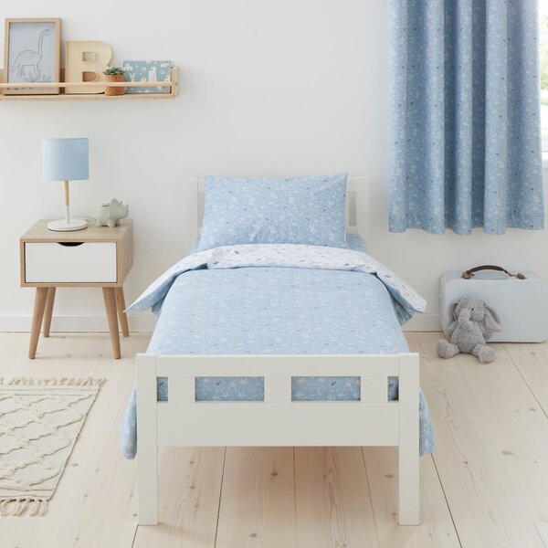 Doodle Dino Blue 100% Cotton Reversible Cot Bed / Toddler Duvet Cover and Pillowcase Set Light Blue