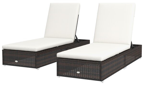 Outsunny Set of Two Rattan Sun Loungers, with Reclining Backs - Brown/Cream
