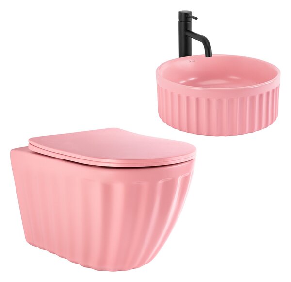 Set: Wall-hung toilet bowl + Countertop washbasin Rea Light Pink Matt