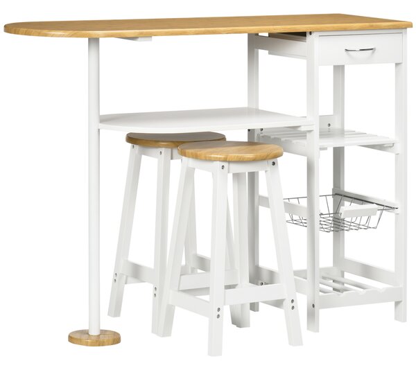 HOMCOM 3 Piece Bar Table and Stools w/ Storage Shelf, Drawer, Wire Basket & Wine Rack, Bar Table Set for Kitchen, Natural & White Aosom UK