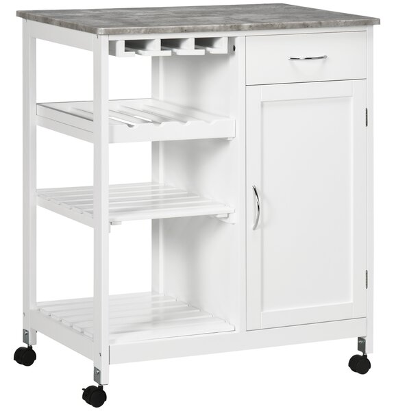 HOMCOM Compact Kitchen Trolley Utility Cart on Wheels with Wine Rack, Drawer, Open Shelf and Storage Cabinet for Dining Room, White Aosom UK