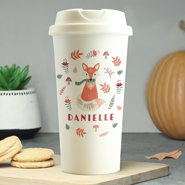 Personalised Autumnal Fox Travel Mug White