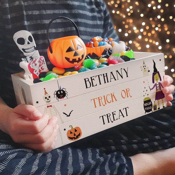 Personalised Halloween Treats Wooden Storage Crate White