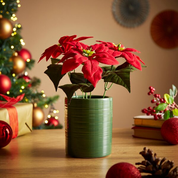 Artificial Red Poinsettia in Green Ceramic Pot Red