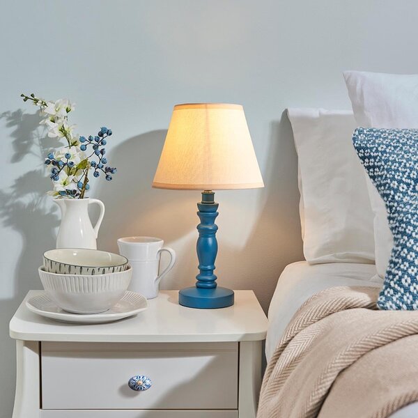 Lenoir Vintage White 20cm Shade Wood Table Lamp In Marlin Blue