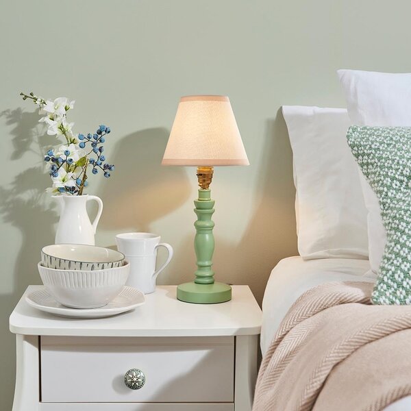 Lenoir Vintage White 16cm Shade Wood Table Lamp In Cotswold Green