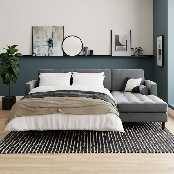 Zoe 3 Seater Corner Double Sofa Bed, Velvet Steeple Grey