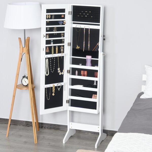 HOMCOM Jewelry Cabinet Standing Mirror Full Length Makeup Lockable Armoire Storage Organizer White