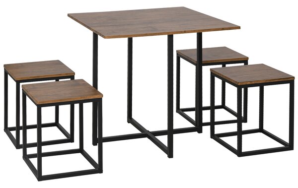 HOMCOM Industrial Dining Set: 5-Piece Metal Frame, Compact Square Seating, Stylish Black/Brown Finish