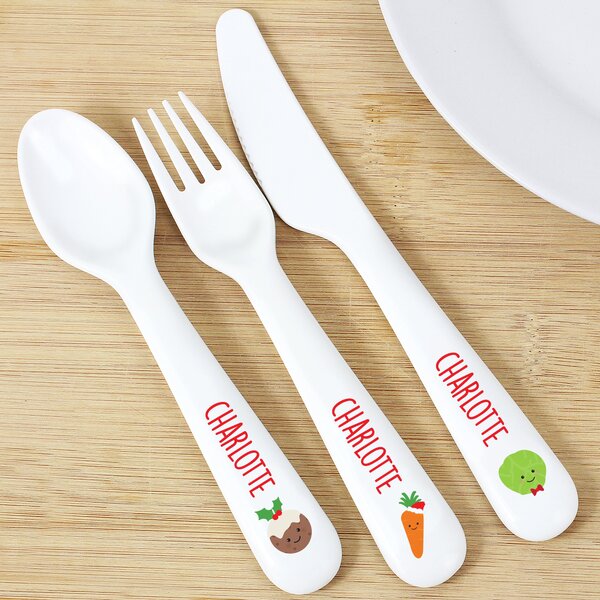 Personalised First Christmas Plastic Dinner Cutlery Set White