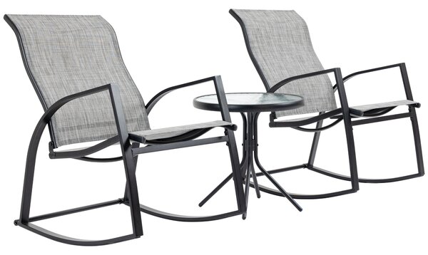 Outsunny 3 Pieces Outdoor Patio Bistro Set w/ 2 Rocking Chairs and Tempered Glass Table for Garden, Porch, Poolside, Grey