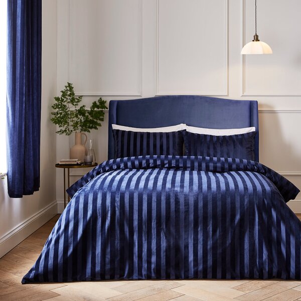 Hotel Velour Stripe Duvet Cover & Pillowcase Set Navy Luxe Navy