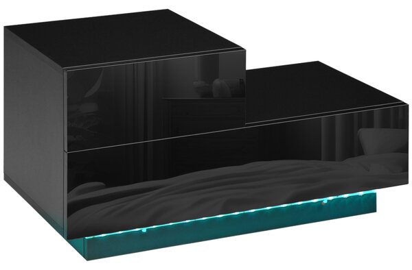 HOMCOM Bedside Table with LED: High-Gloss Front, Remote-Controlled RGB Lighting, Drawers for Bedroom, Black