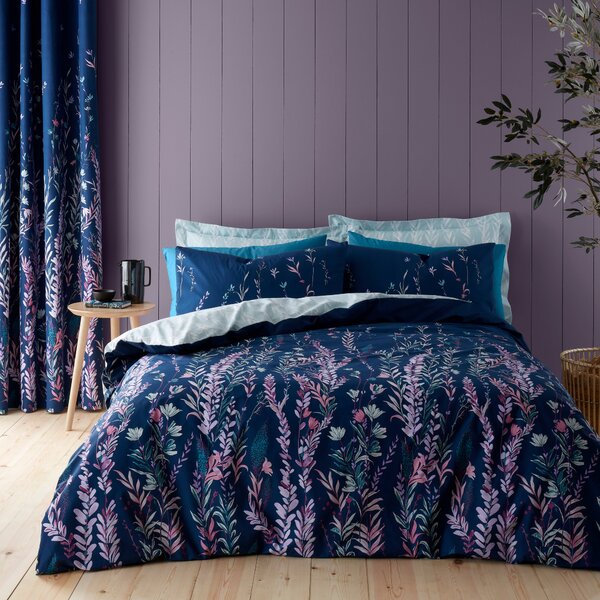 Whimsical Floral Midnight 100% Cotton Duvet Cover and Pillowcase Set Blue/Green/Pink