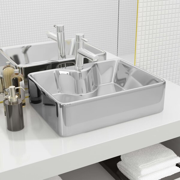 Wash Basin with Faucet Hole 48x37x13.5 cm Ceramic Silver