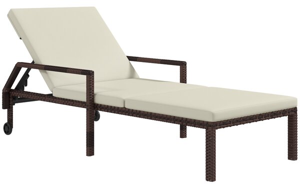 Outsunny Outdoor Sun Lounger, Rattan Wicker Chaise Recliner with 5-Level Adjustable Backrest and 2 Wheels Aosom UK