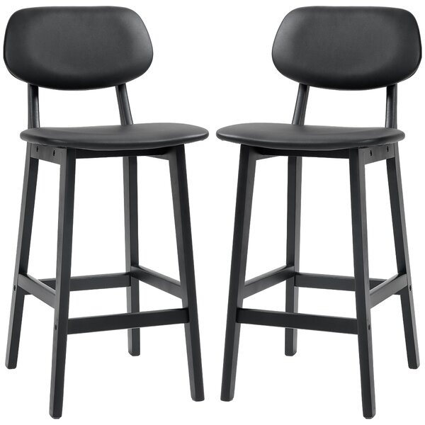 HOMCOM Bar Stools Set of 2, Modern Breakfast Bar Chairs, Faux Leather Upholstered Kitchen Stools with Backs and Wood Legs, Black