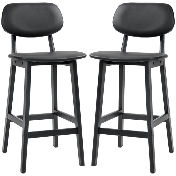 HOMCOM Bar Stools Set of 2, Modern Breakfast Bar Chairs, Faux Leather Upholstered Counter Bar Stool with Backs and Wood Legs, Black Aosom UK