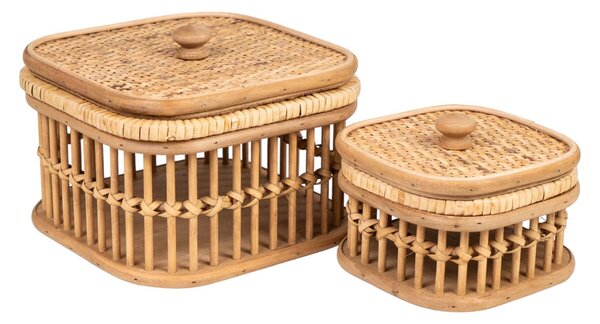 Set of decorative boxes Romimex Brown wicker MDF Wood 19 x 14 x 19 cm 2 Pieces