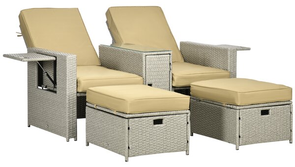 Outsunny 5PC PE Rattan Sun Lounger, Outdoor Wicker 5-level Adjustable Recliner Sofa Bed with Storage Side Table Footstools, for Patio, Garden, Beige