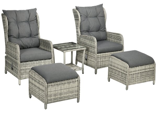 Outsunny 5 Pieces PE Rattan Sun Lounger Set, Outdoor Half-round Wicker Recliner Sofa Bed with Glass Top Two-tier Table and Footstools, Ready to Use, Mixed Grey