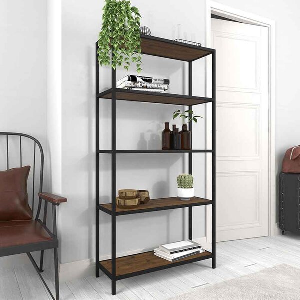 Elaina Rustic Wooden Bookcase With Metal Frame - Vintage Pine