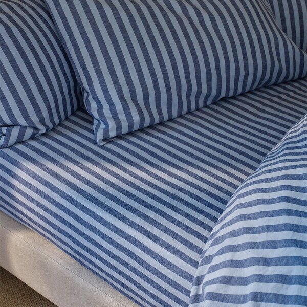 Piglet Dusty Blue Amberley Stripe Linen Fitted Sheet Size Super King