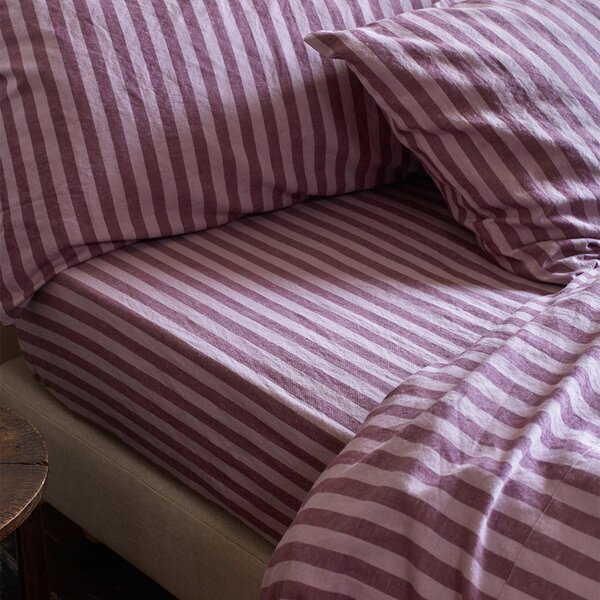 Piglet Plum Wine Amberley Stripe Linen Fitted Sheet Size King