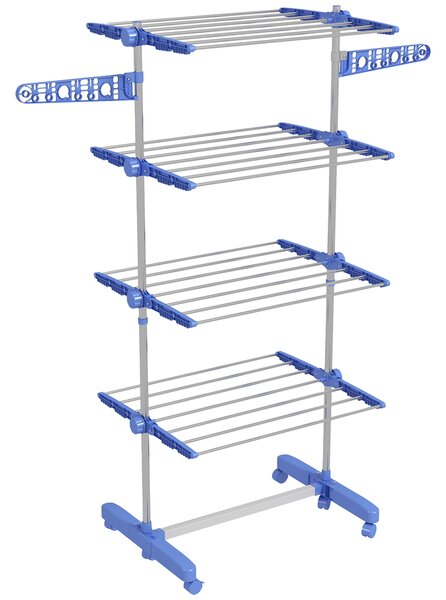 HOMCOM 4-Tier Clothes Airer, Foldable Clothes Drying Rack, Stainless Steel Indoor & Outdoor Clothes Dryer w/ Wheels & Wings, Easy Assembly Aosom UK