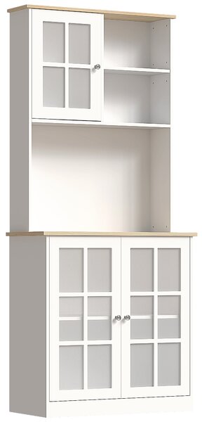 HOMCOM Freestanding Kitchen Cupboard, Sideboard Storage Cabinet Unit w/ Counter Top Grid Glass Doors Shelves 80L x 37W x 183H cm, White Aosom UK