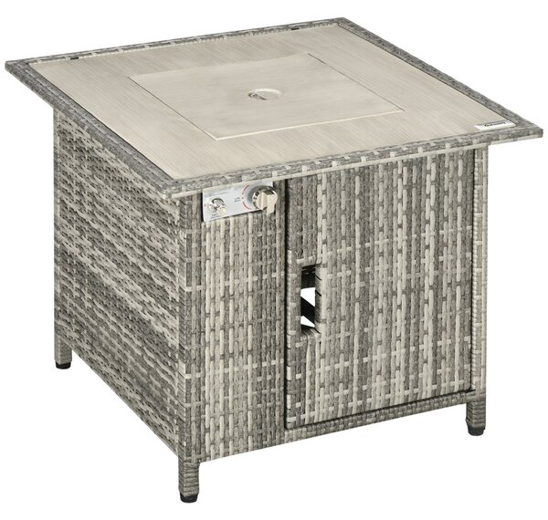 Outsunny Outdoor PE Rattan Gas Fire Pit Table, Patio Square Propane Heater w/ Rain Cover, Glass Windscreen & Lava Stone, 50000 BTU, Grey Aosom UK
