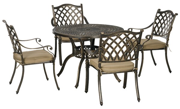 Outsunny 4 Seater Outdoor Dining Set Antique Cast Aluminium Garden Furniture Set with Cushions Round Dining Table with Parasol Hole, Bronze