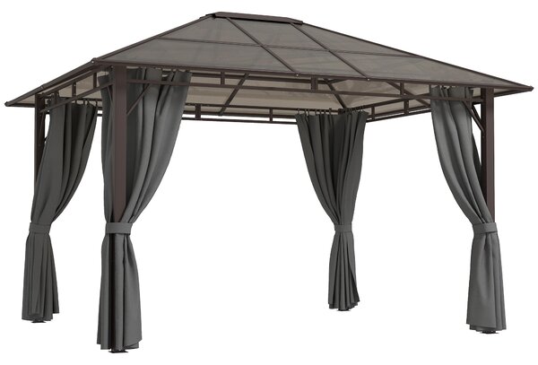 Outsunny 3 x 3.6m Hardtop Gazebo Canopy with Polycarbonate Roof Garden Pavilion with Removable Curtains and Steel Frame, Dark Grey