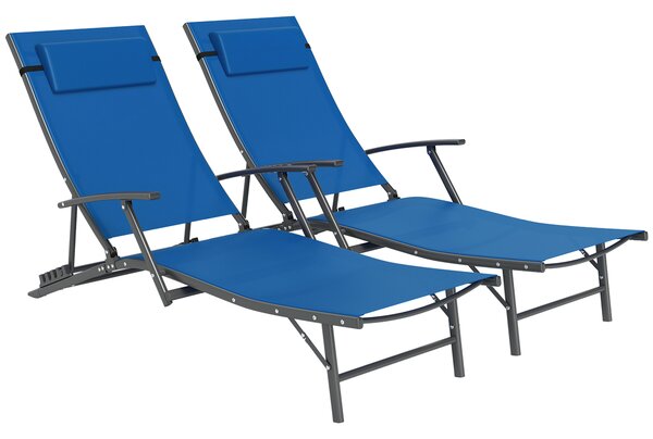 Outsunny Set of 2 Folding Sun Loungers for Garden, 4 Positions Adjustable Outdoor Chaise Lounge Chairs with Armrests, Pillows, Blue