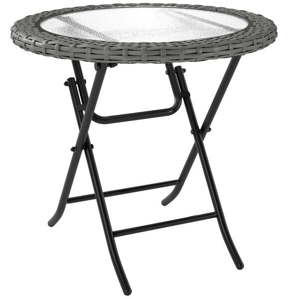 Outsunny Folding Round Tempered Glass Garden Table with Grey Rattan Edging